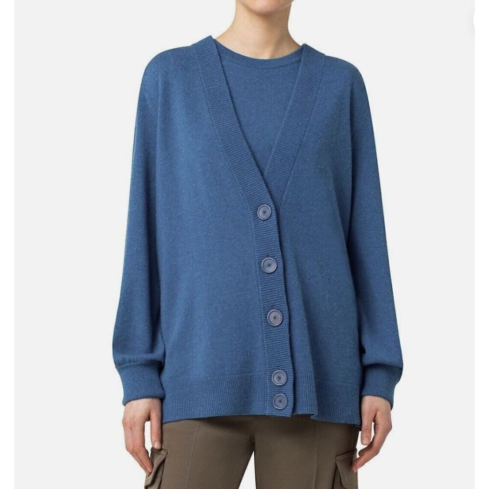 AKRIS Punto Virgin Wool Cashmere Cardigan Sweater in Blue Denim Size 8